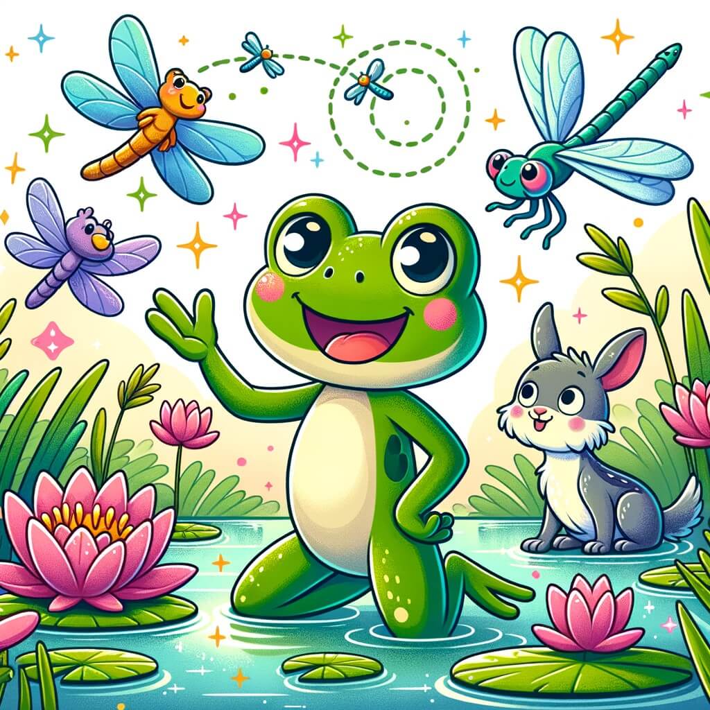 Une illustration destinée aux enfants représentant une joyeuse grenouille curieuse découvrant de nouvelles aventures avec ses amis animaux dans un étang scintillant entouré de nénuphars colorés et de libellules virevoltantes.
