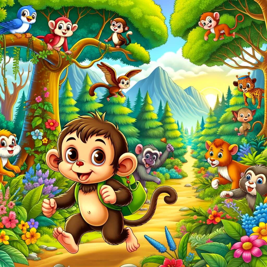 Une illustration destinée aux enfants représentant un singe espiègle et curieux se lançant dans une aventure avec ses amis animaux, à travers une forêt luxuriante remplie d'arbres majestueux, de fleurs colorées et d'animaux joyeux.