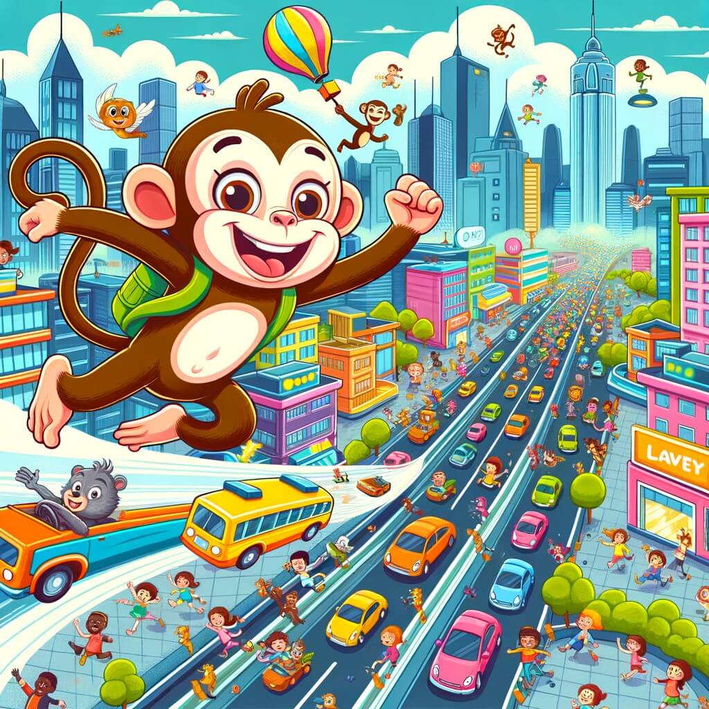 Une illustration pour enfants représentant un singe farceur qui joue des tours à ses amis animaux dans la jungle.