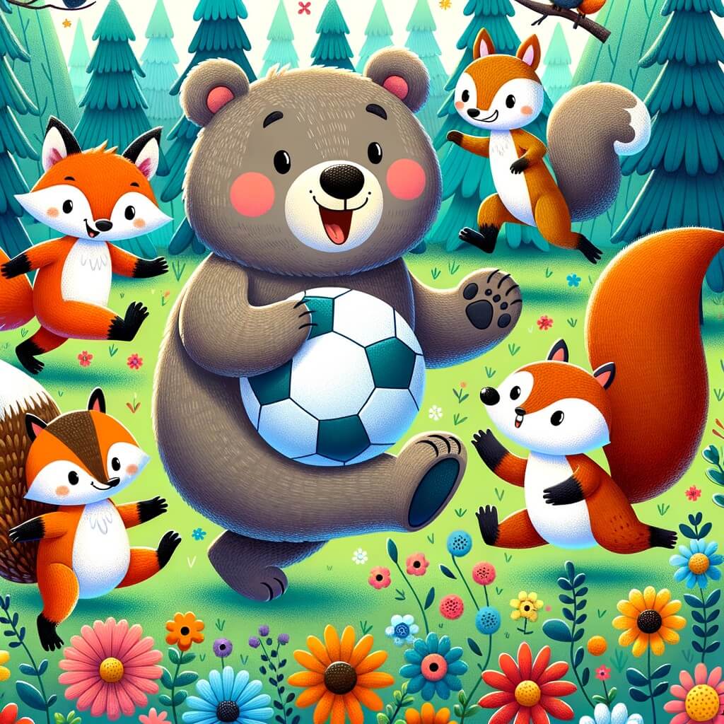 Une illustration destinée aux enfants représentant un adorable ours, passionné de football, faisant équipe avec un renard malicieux, un écureuil bondissant et un hérisson piquant, dans une forêt enchantée où les fleurs colorées dansent au rythme des rires et des dribbles.