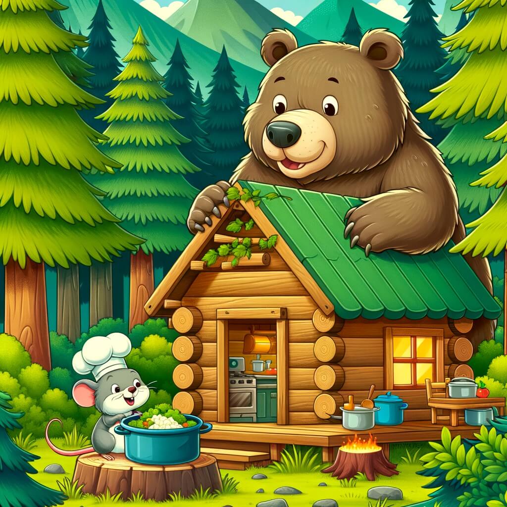 Une illustration destinée aux enfants représentant un ours gourmand se retrouvant dans une maisonnette en bois au milieu d'une magnifique forêt verdoyante, accompagné d'une petite souris cuisinière.