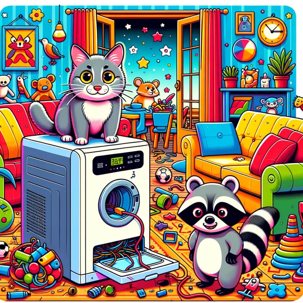 Une illustration destinée aux enfants représentant un chat malicieux se retrouvant face à une machine à souris défectueuse, avec un raton-laveur se moquant de lui, dans un salon coloré rempli de meubles confortables et de jouets éparpillés.