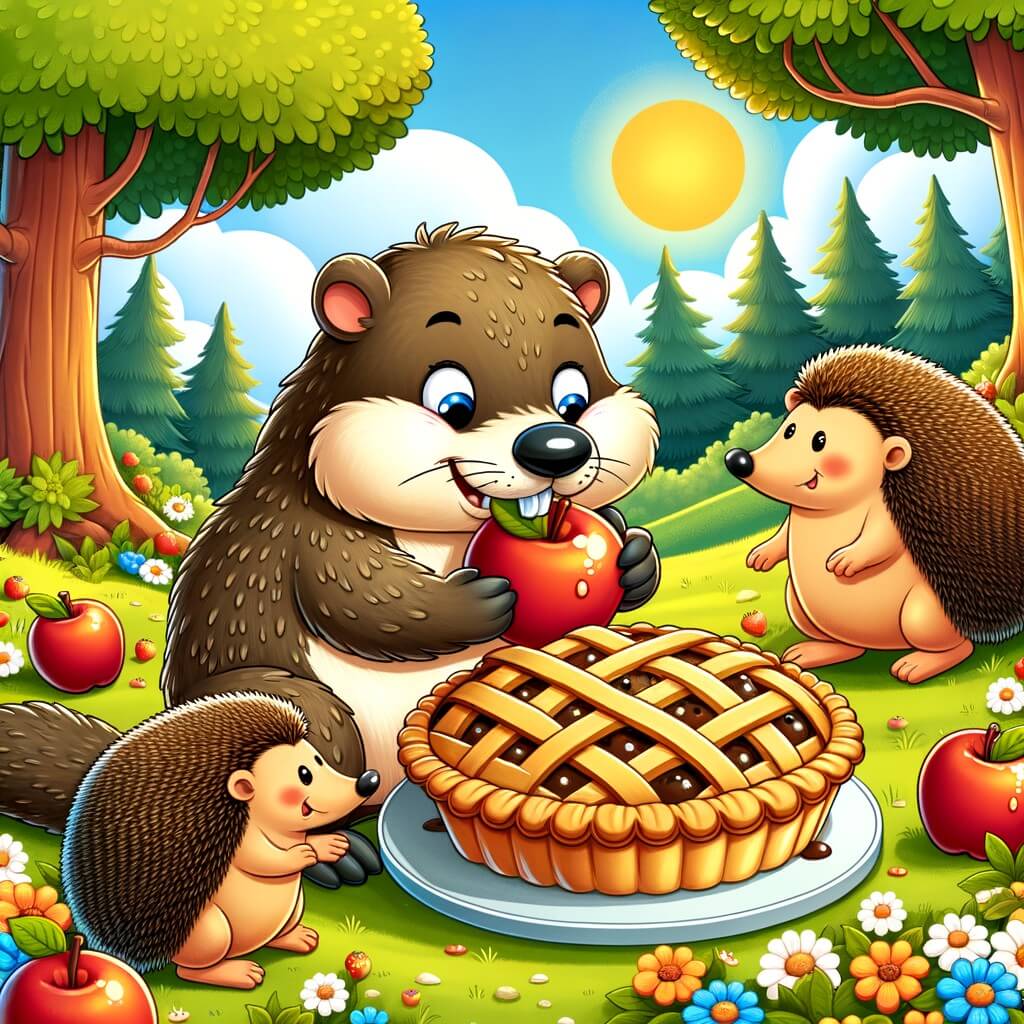Une illustration destinée aux enfants représentant une marmotte espiègle, qui vole une délicieuse tarte aux pommes, accompagnée de hérissons sympathiques, dans une clairière ensoleillée et colorée de la forêt.