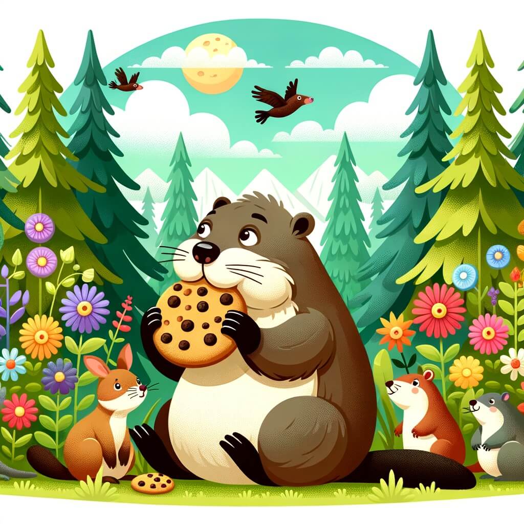 Une illustration destinée aux enfants représentant une marmotte gourmande et insouciante qui adore les biscuits, accompagnée de ses amis animaux, dans une forêt luxuriante parsemée de fleurs colorées et de grands arbres majestueux.
