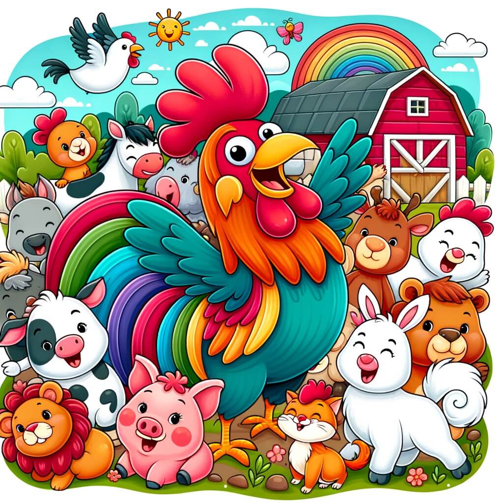 Une illustration destinée aux enfants représentant un coq flamboyant, entouré d'animaux souriants, dans une ferme colorée et animée, où ils vivent des aventures amusantes.