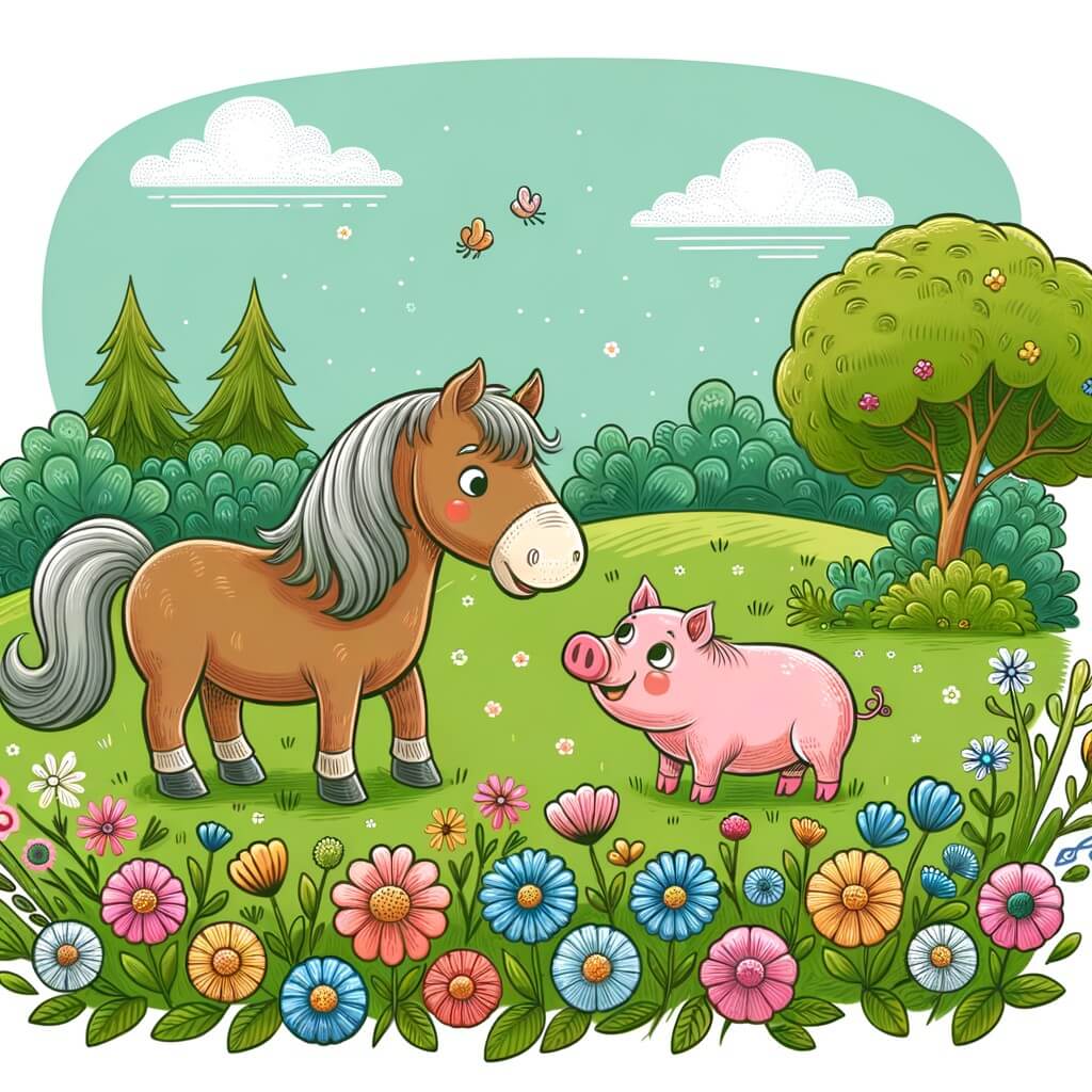 Une illustration destinée aux enfants représentant un cheval malicieux et espiègle, accompagné d'un adorable cochon rose, dans une prairie verdoyante parsemée de fleurs multicolores, où ils vivent des aventures hilarantes et inattendues.