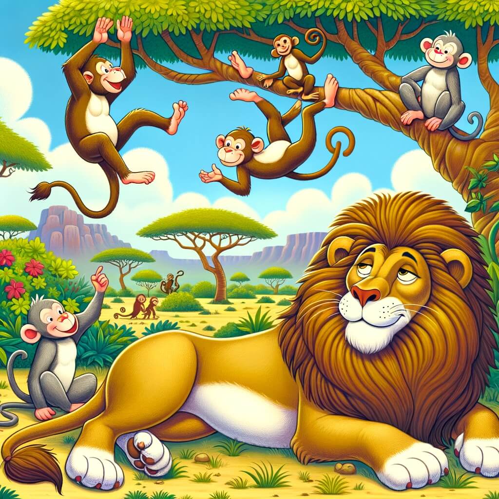Une illustration destinée aux enfants représentant un lion majestueux, paresseux et fier, qui se retrouve embarqué dans une compétition d'acrobaties amusante avec des singes espiègles, au cœur d'une savane africaine luxuriante, avec des arbres immenses et une végétation colorée.