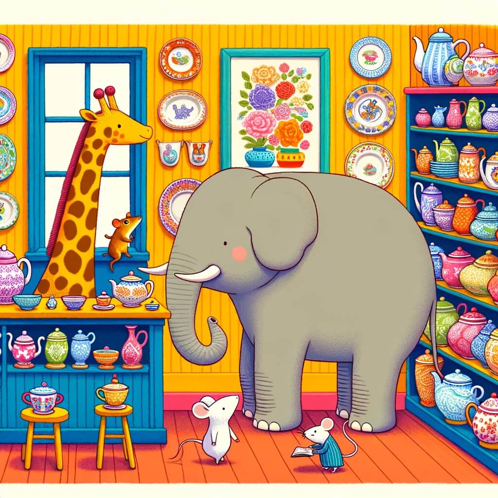 Une illustration pour enfants représentant un éléphant curieux qui entre dans une boutique de porcelaine et casse malencontreusement des assiettes fragiles, dans une ville animée.