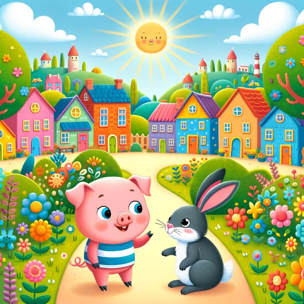 Une illustration destinée aux enfants représentant un petit cochon curieux qui rencontre un lapin malicieux dans un village coloré rempli de bâtiments multicolores, de fleurs éclatantes et d'animaux qui parlent et vivent comme des humains.