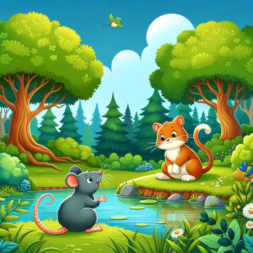 Une illustration destinée aux enfants représentant un petit rat malicieux, qui aime jouer des tours, se retrouvant piégé par un chat rusé dans un parc verdoyant avec des arbres majestueux et un étang scintillant.