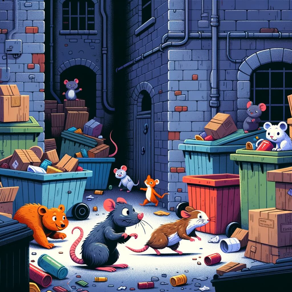 Une illustration destinée aux enfants représentant un rat malicieux et espiègle, accompagné d'un groupe d'autres animaux, explorant une ruelle sombre et étroite pleine de poubelles colorées et de boîtes renversées, à la recherche d'aventures amusantes.