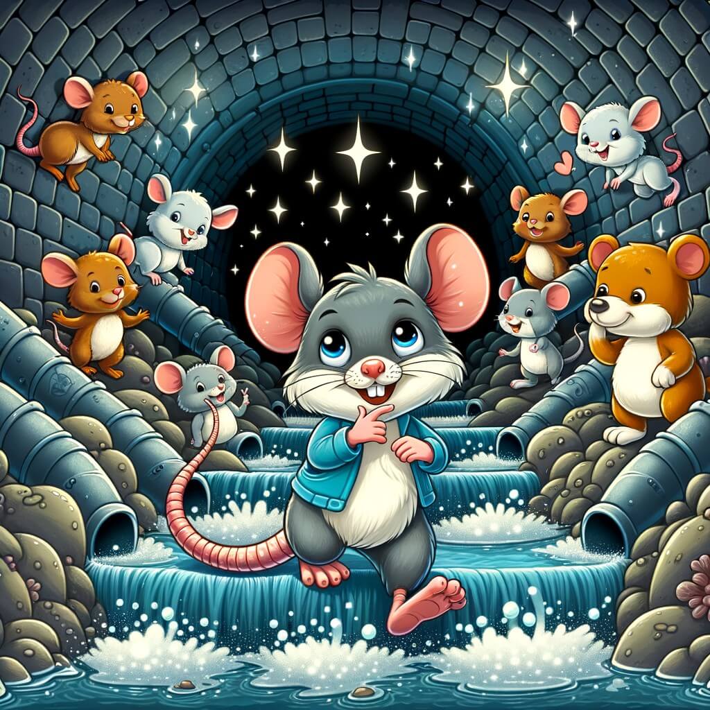 Une illustration destinée aux enfants représentant un petit rat malin et espiègle, accompagné d'un groupe d'animaux, se déroulant dans un égout sombre et mystérieux rempli de tunnels tortueux et de gouttes d'eau étincelantes.