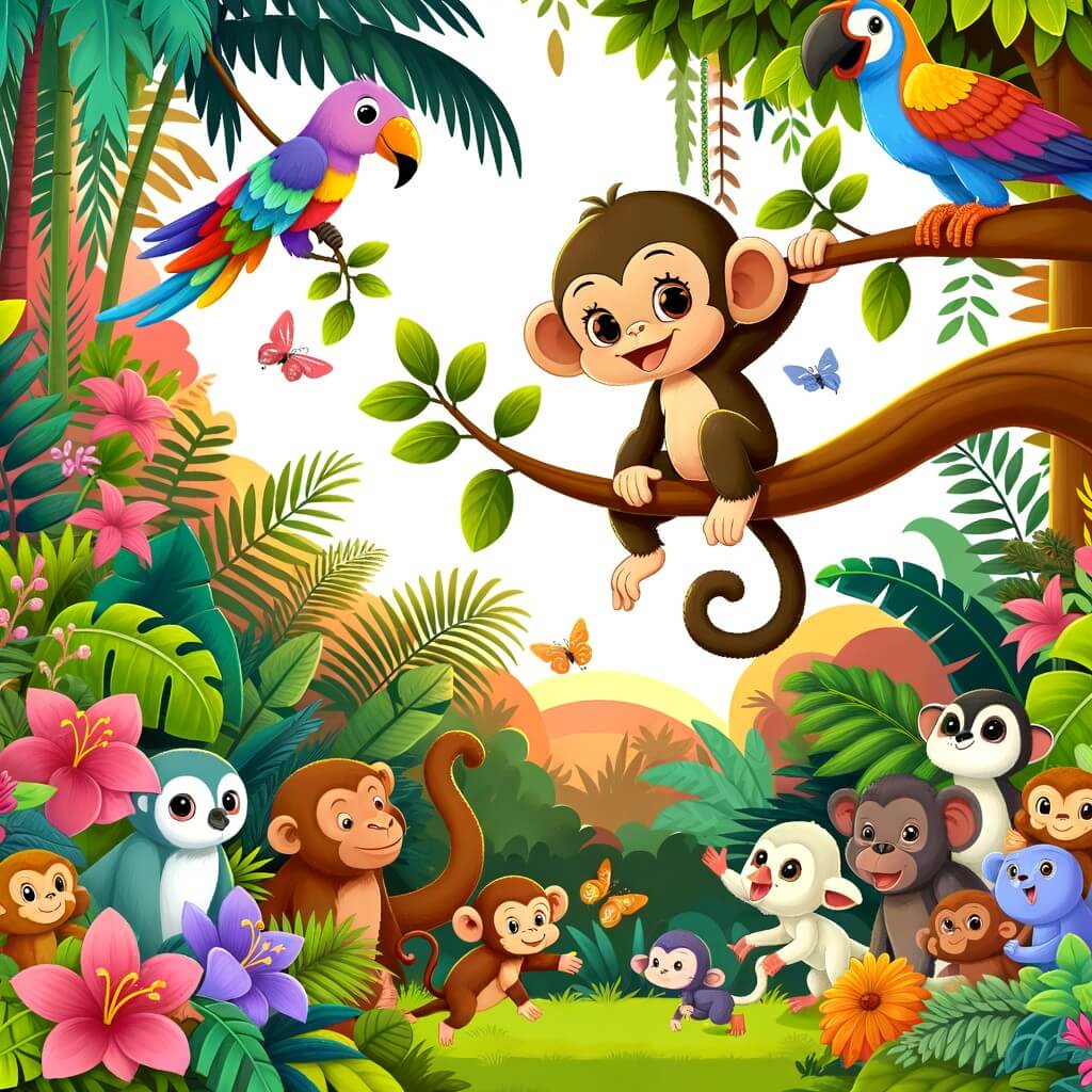 Une illustration destinée aux enfants représentant une guenon espiègle et curieuse se balançant sur une branche d'arbre, accompagnée d'un groupe d'animaux joyeux, dans une jungle luxuriante remplie de plantes exotiques aux couleurs vives.