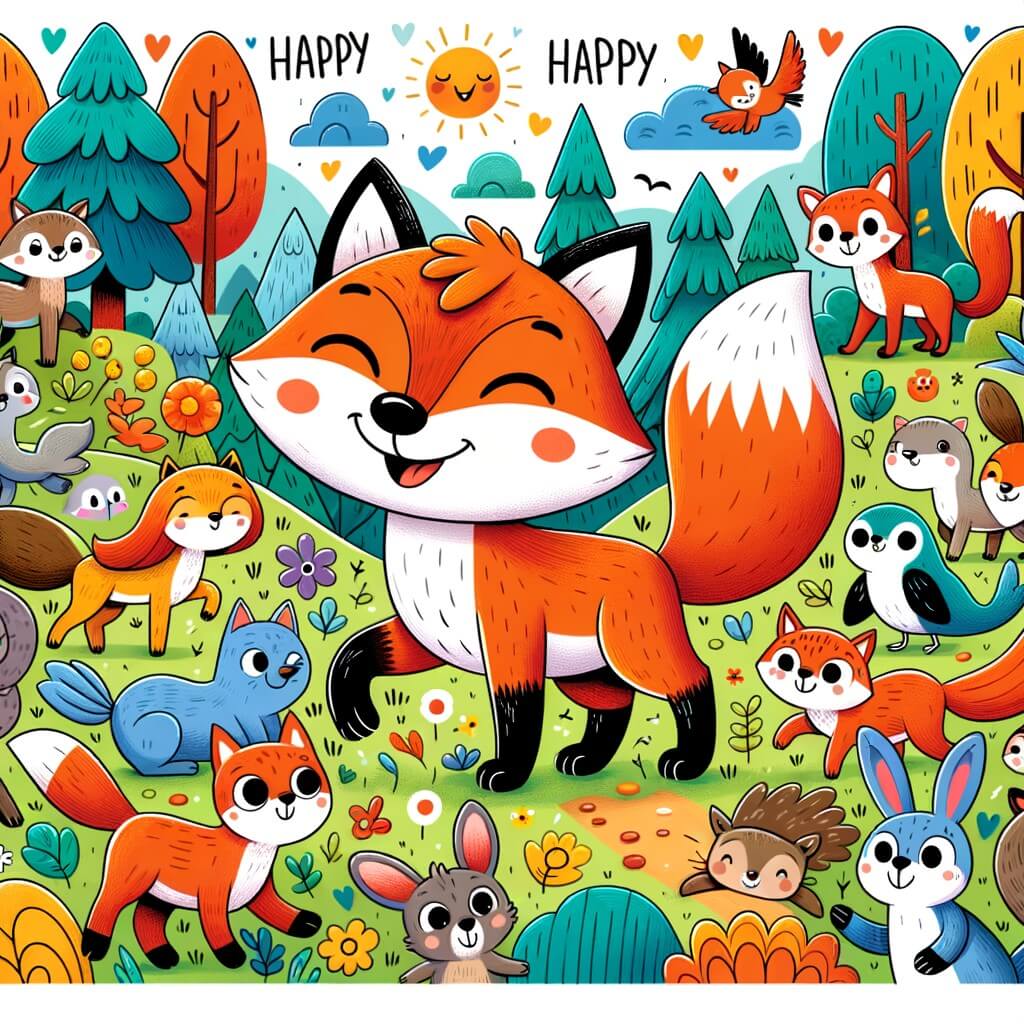 Une illustration destinée aux enfants représentant un renard malicieux, se retrouvant dans une forêt enchantée remplie d'animaux joyeux et colorés qui deviennent ses amis lors d'une journée remplie de rires et de péripéties.