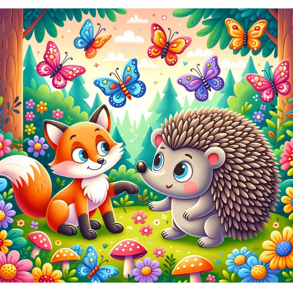 Une illustration destinée aux enfants représentant un adorable hérisson dans une forêt enchantée, rencontrant un renard malicieux, tandis que des papillons multicolores virevoltent autour d'eux, créant une ambiance joyeuse et pleine de surprises.