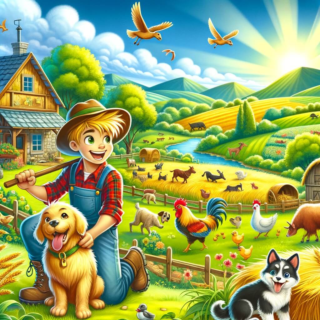 Une illustration destinée aux enfants représentant un jeune agriculteur passionné par la nature, accompagné de son fidèle chien, travaillant dur dans une ferme pittoresque entourée de vastes champs verdoyants et d'animaux joyeux.
