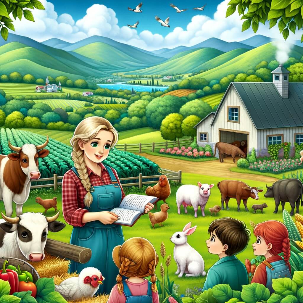 Une illustration destinée aux enfants représentant une agricultrice passionnée, entourée de ses animaux et de ses cultures luxuriantes, dans sa ferme pittoresque située au cœur d'une vallée verdoyante, où elle enseigne aux enfants l'importance de l'agriculture pour nourrir le monde.