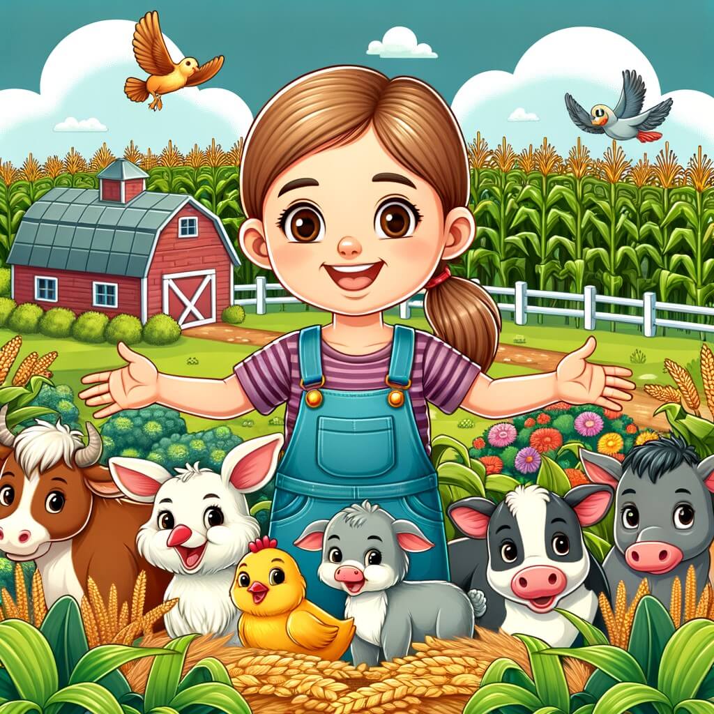 Une illustration destinée aux enfants représentant une agricultrice passionnée, entourée de ses animaux et de ses cultures luxuriantes, dans une ferme située au milieu de vastes champs de maïs et de blé.