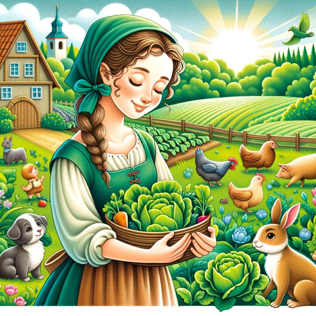 Une illustration destinée aux enfants représentant une femme passionnée par l'agriculture, cultivant des légumes avec amour dans sa ferme pittoresque entourée de champs verdoyants et d'animaux curieux.