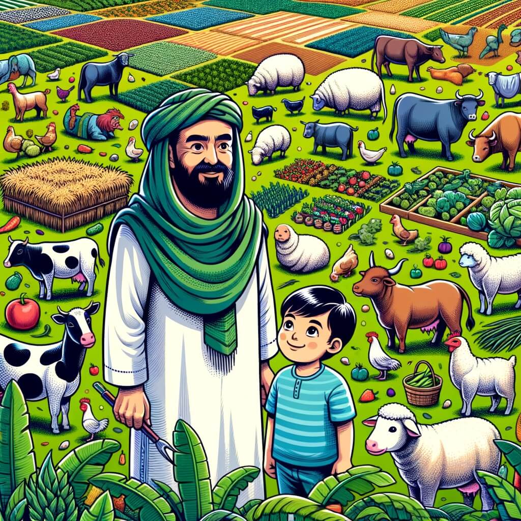 Une illustration pour enfants représentant un homme agriculteur qui travaille dur sur sa ferme pleine d'animaux et de champs verdoyants.