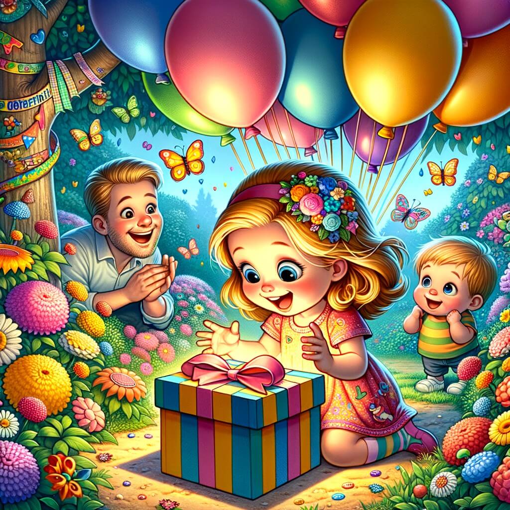 Une illustration pour enfants représentant une petite fille pleine d'excitation découvrant une mystérieuse surprise d'anniversaire lors d'une fête joyeuse et animée dans sa maison familiale.