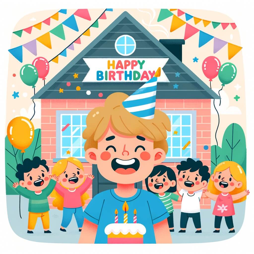 Une illustration destinée aux enfants représentant un petit garçon plein d'excitation lors de son anniversaire, entouré de ses amis et de sa famille, dans une maison colorée et joyeusement décorée.