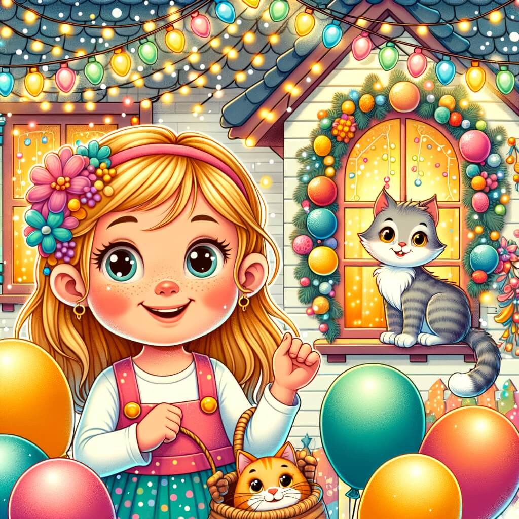 Une illustration destinée aux enfants représentant une petite fille au sourire radieux, entourée de ballons colorés, accompagnée d'un chat malicieux, dans une maison décorée de guirlandes et de lumières scintillantes.
