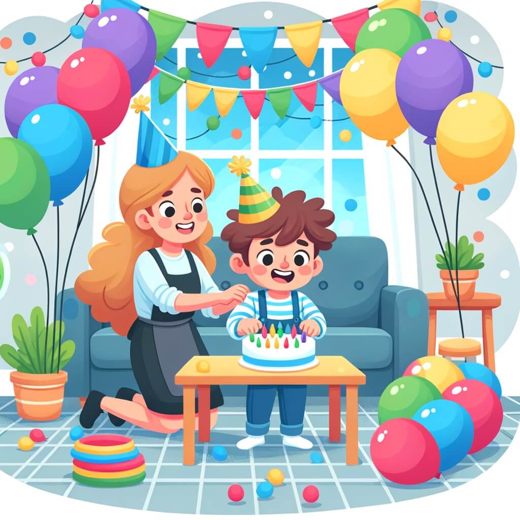 Une illustration destinée aux enfants représentant un petit garçon plein d'enthousiasme, entouré de ballons colorés, préparant une fête d'anniversaire avec sa maman, dans un salon décoré de guirlandes et de ballons multicolores.
