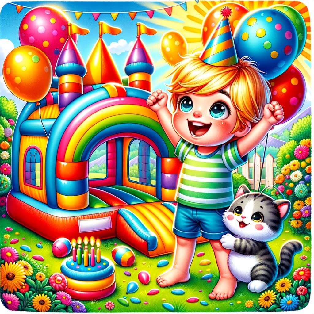 Une illustration destinée aux enfants représentant un petit garçon plein d'excitation le jour de son anniversaire, entouré de ballons colorés et d'un château gonflable, avec un adorable chaton en peluche comme personnage secondaire, dans un jardin ensoleillé rempli de fleurs et d'herbe verte.