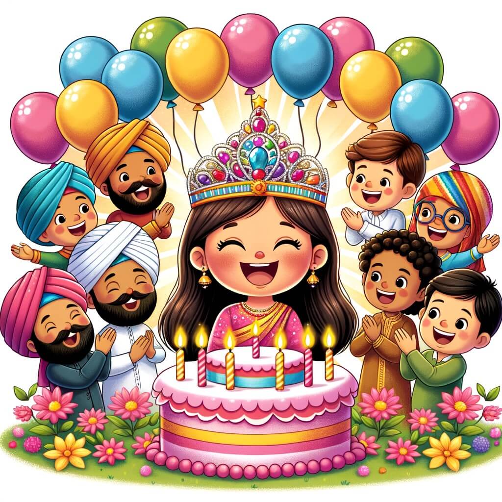 Une illustration destinée aux enfants représentant une petite fille rayonnante de bonheur le jour de son anniversaire, entourée d'amis rieurs, dans un jardin fleuri parsemé de ballons colorés et d'un magnifique gâteau d'anniversaire.