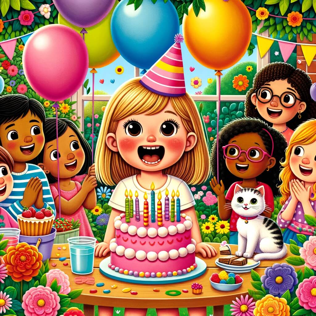 Une illustration pour enfants représentant une petite fille très excitée pour son anniversaire, entourée de ballons et de gâteaux, dans un jardin ensoleillé.
