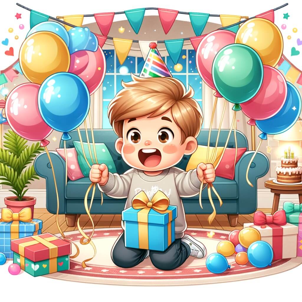 Une illustration destinée aux enfants représentant un petit garçon plein d'enthousiasme, entouré de ballons colorés, découvrant une surprise d'anniversaire dans un salon décoré de guirlandes et de bannières festives.