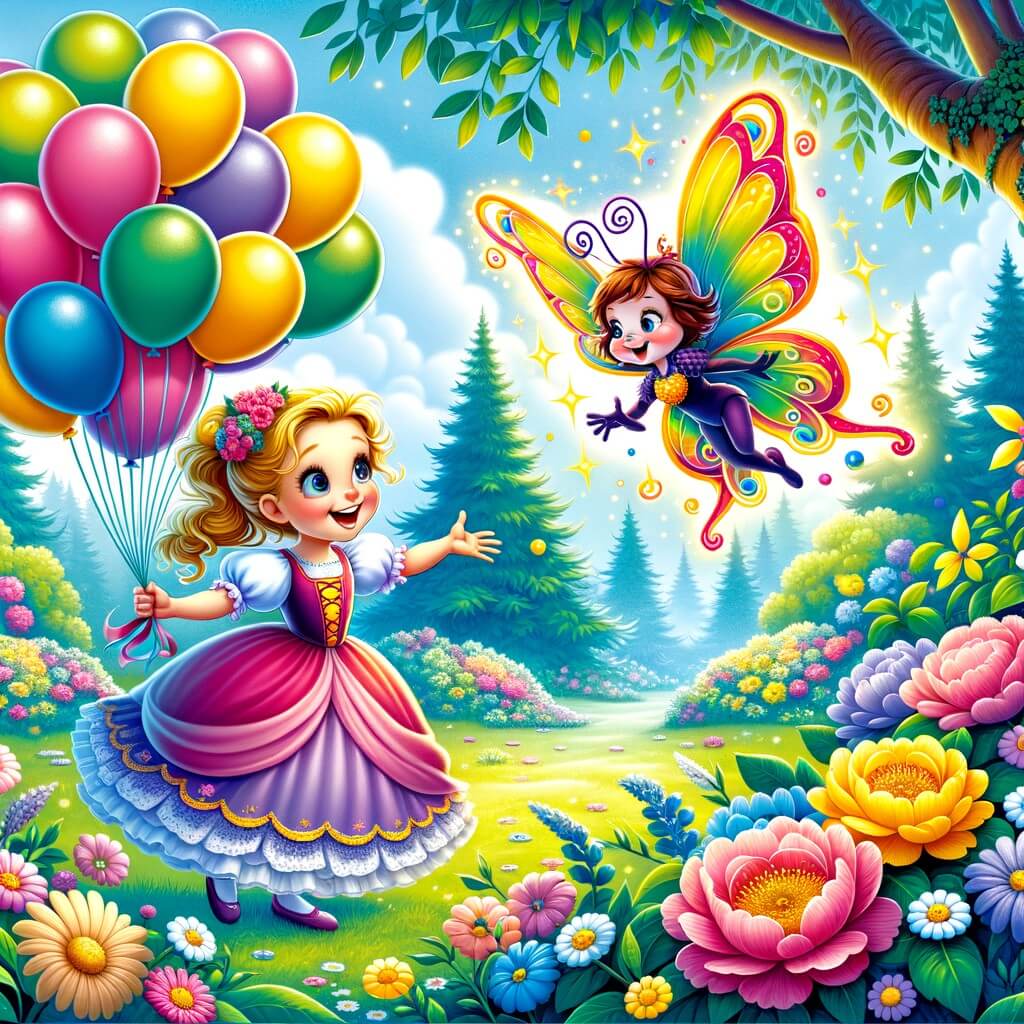 Une illustration destinée aux enfants représentant une petite fille joyeuse, entourée de ballons colorés, découvrant un mystérieux personnage magique dans un parc enchanté rempli de fleurs et d'arbres majestueux lors de son anniversaire.