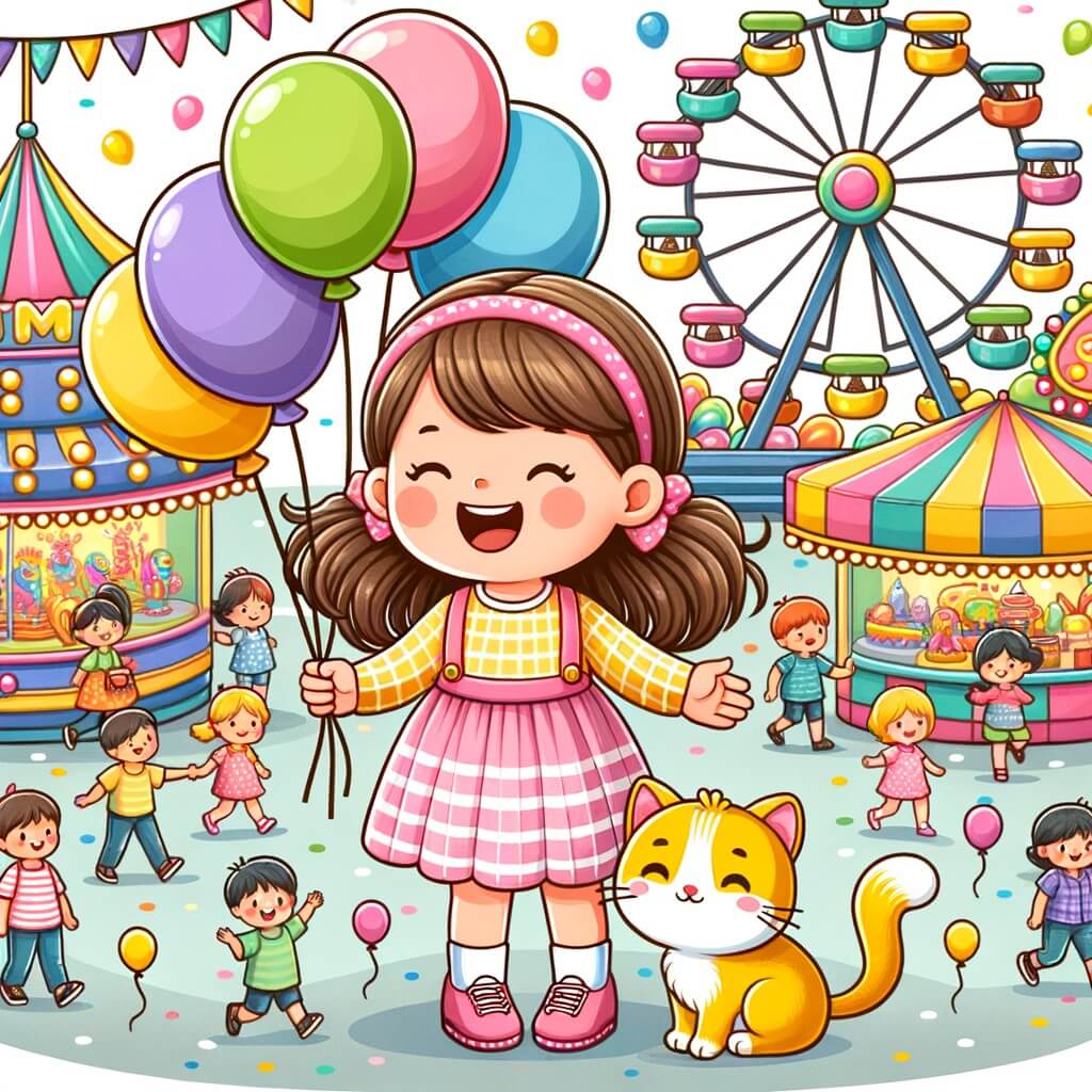Une illustration destinée aux enfants représentant une petite fille pleine de joie, entourée de ballons colorés, accompagnée d'un chat espiègle, dans un parc d'attractions animé avec des manèges colorés et des stands de jeux.