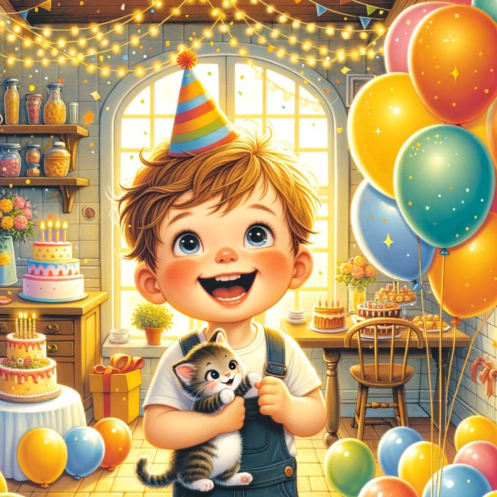 Une illustration pour enfants représentant un petit garçon extrêmement excité pour son anniversaire, qui se déroule dans sa maison avec une fête colorée et des cadeaux merveilleux.