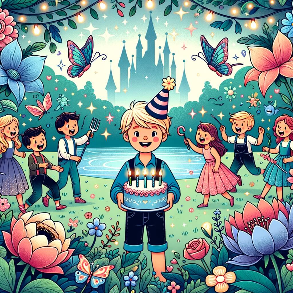 Une illustration destinée aux enfants représentant un petit garçon plein de vie, entouré de ses amis et de sa famille, célébrant son anniversaire dans un parc enchanté rempli de fleurs gigantesques, de papillons lumineux et de ruisseaux scintillants.
