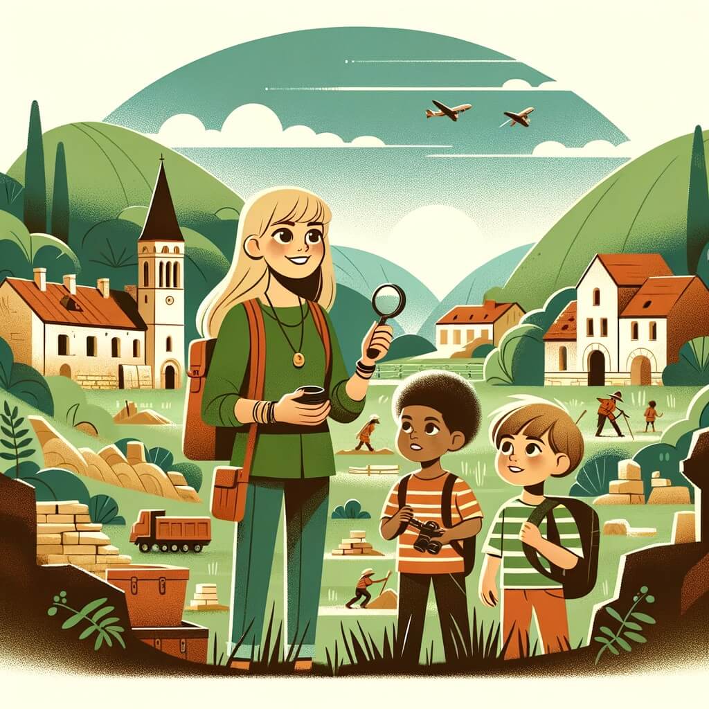 Une illustration destinée aux enfants représentant une archéologue passionnée, accompagnée de deux enfants curieux, explorant un site de fouilles dans un petit village entouré de collines verdoyantes et de vestiges antiques.