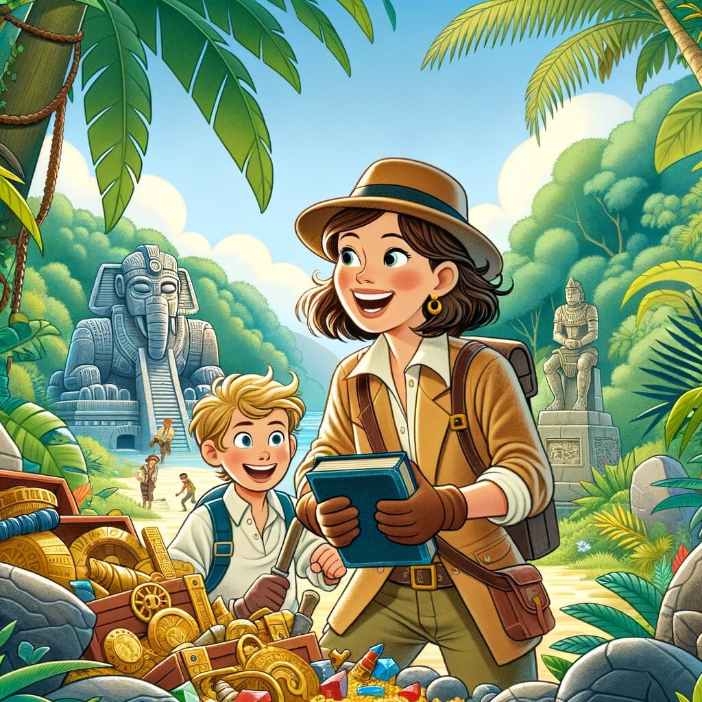 Une illustration destinée aux enfants représentant une archéologue passionnée, en plein milieu d'une jungle luxuriante, accompagnée d'un jeune garçon curieux, découvrant une cité perdue remplie de trésors enfouis depuis des siècles.