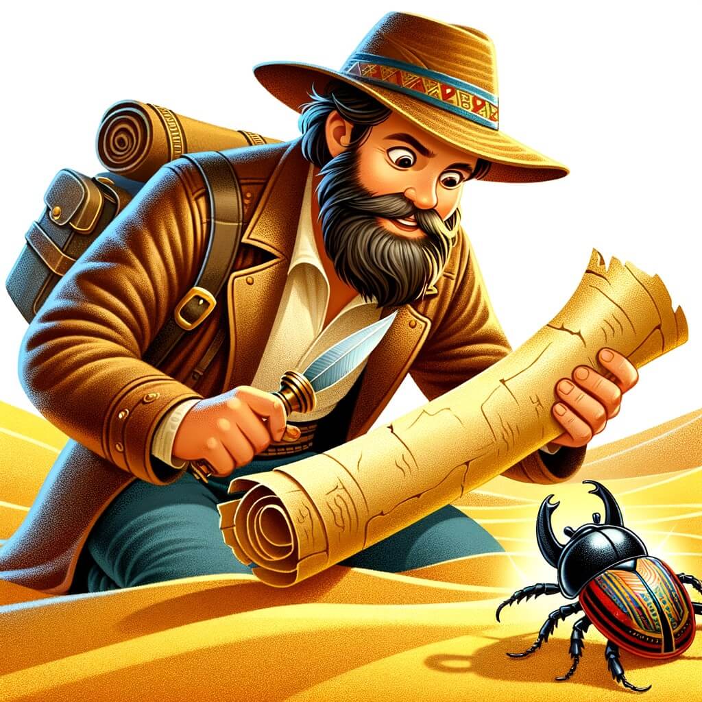Une illustration destinée aux enfants représentant un aventurier barbu, vêtu d'un chapeau de paille et d'une veste en cuir, découvrant un parchemin mystérieux dans le sable doré du désert égyptien, tandis qu'un petit scarabée curieux observe la scène avec fascination.