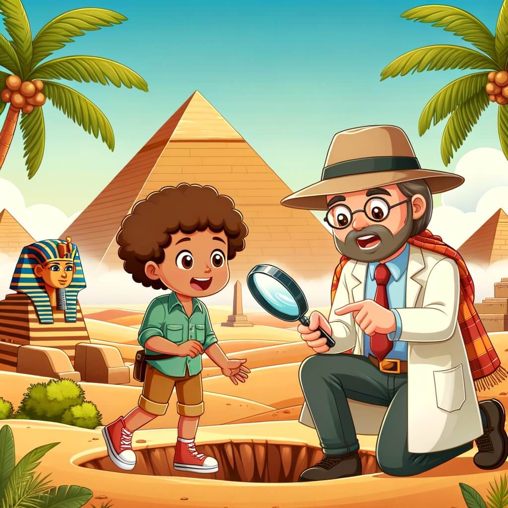 Une illustration destinée aux enfants représentant un archéologue passionné, découvrant une tombe secrète en Égypte, accompagné d'un petit garçon égyptien, dans un paysage désertique parsemé de pyramides majestueuses et de palmiers verdoyants.