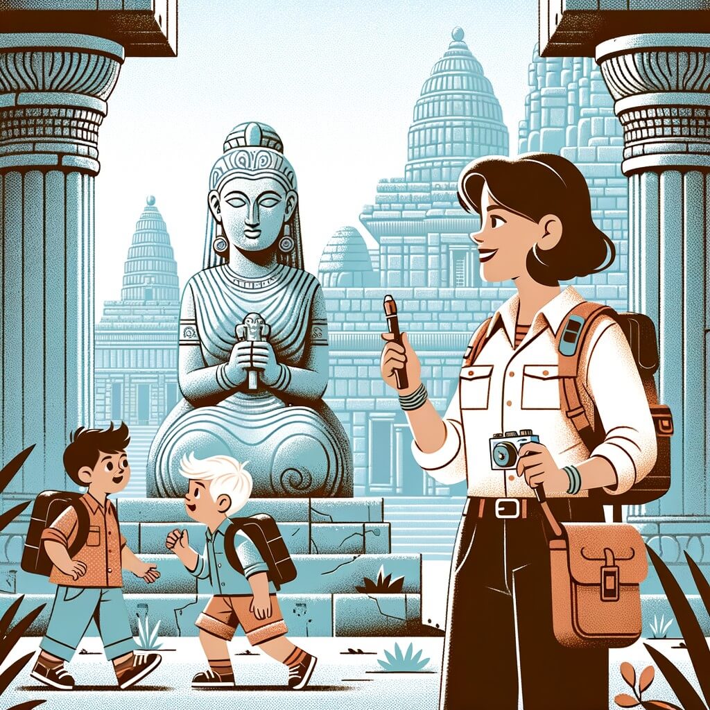 Une illustration destinée aux enfants représentant une archéologue passionnée, découvrant une ancienne statue de déesse dans une ville antique, accompagnée de jumeaux curieux, sur un site archéologique entouré de ruines majestueuses et de colonnes en pierre.