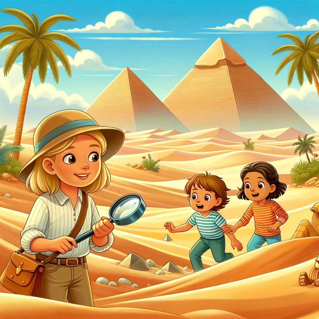Une illustration pour enfants représentant une femme archéologue passionnée en train de fouiller des trésors enfouis sous le sable de l'Égypte.