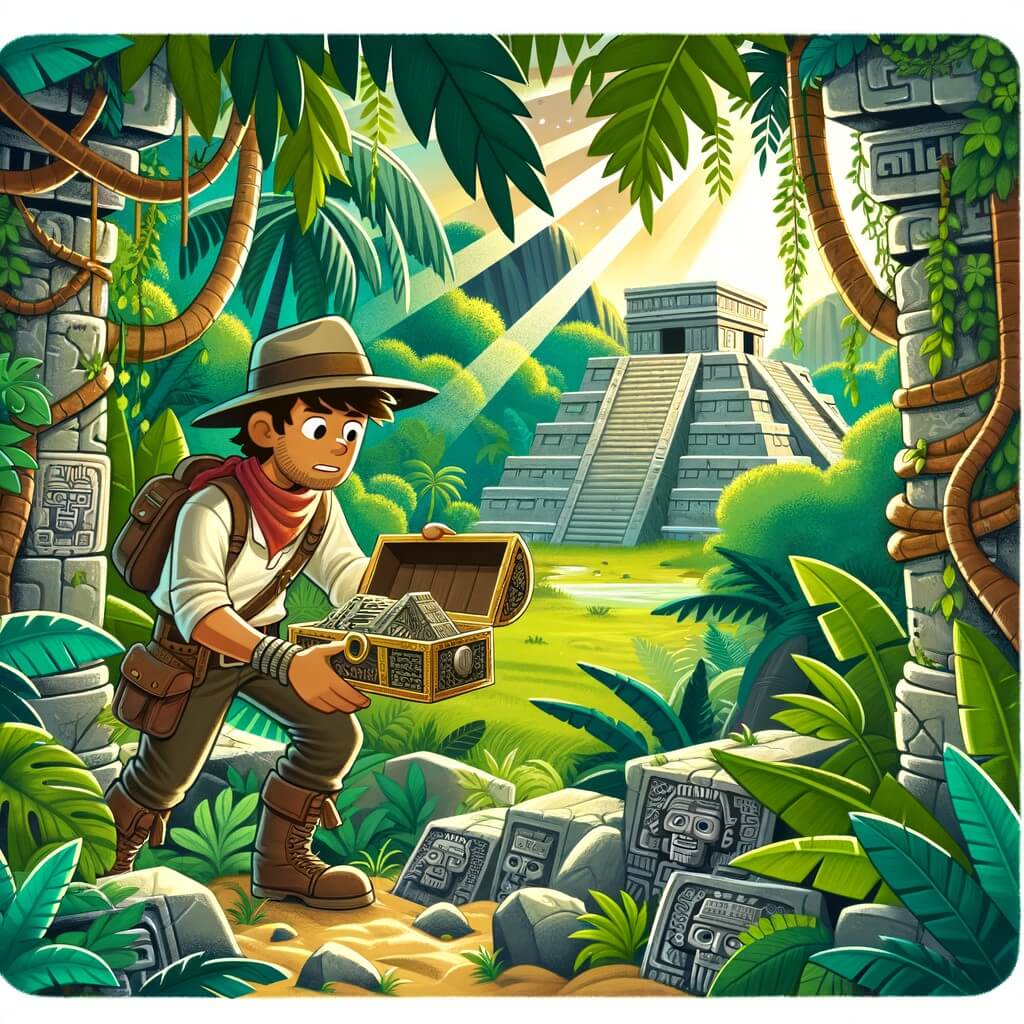 Une illustration destinée aux enfants représentant un homme intrépide, entouré de ruines antiques, découvrant un mystérieux trésor maya caché au cœur d'une jungle luxuriante.