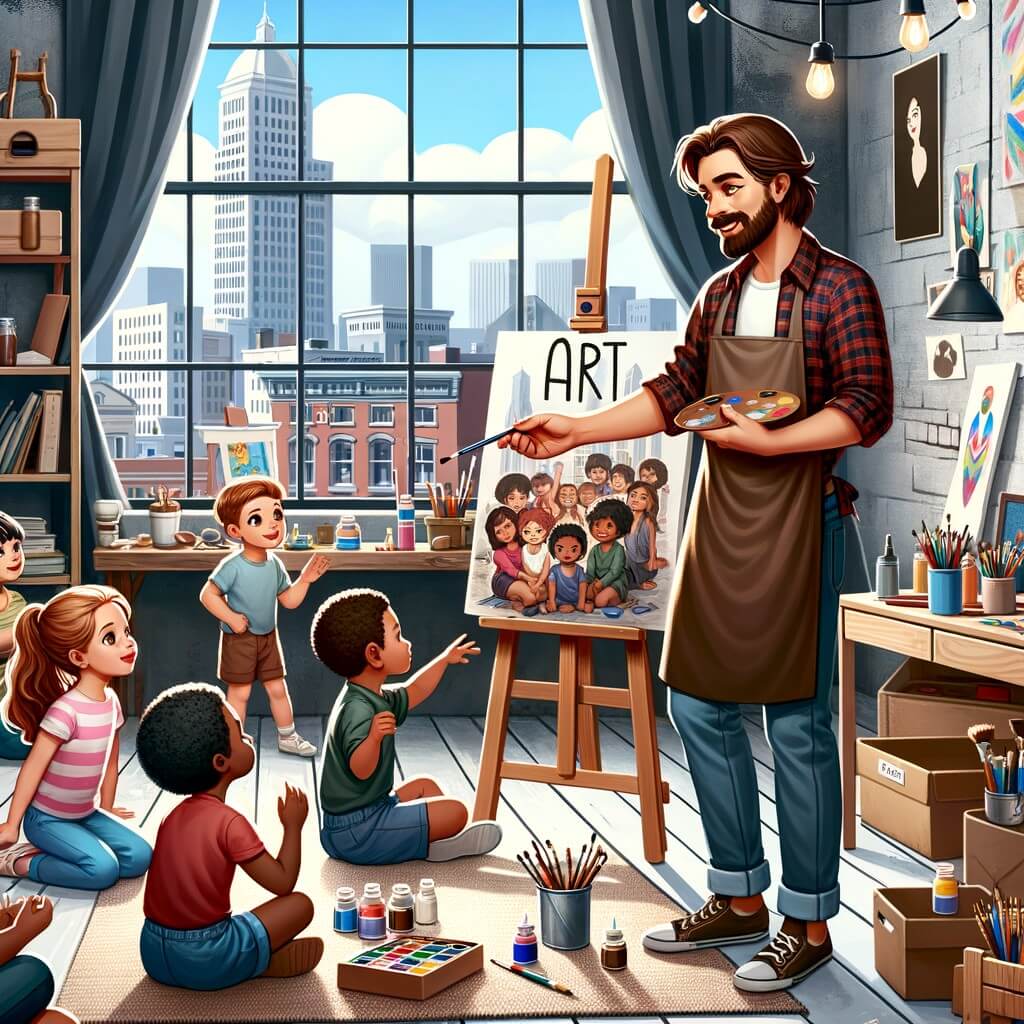 Une illustration pour enfants représentant un artiste talentueux, passionné par l'art, qui ouvre un atelier dans un petit espace du centre-ville pour enseigner aux enfants sa passion et partager son amour pour l'art.