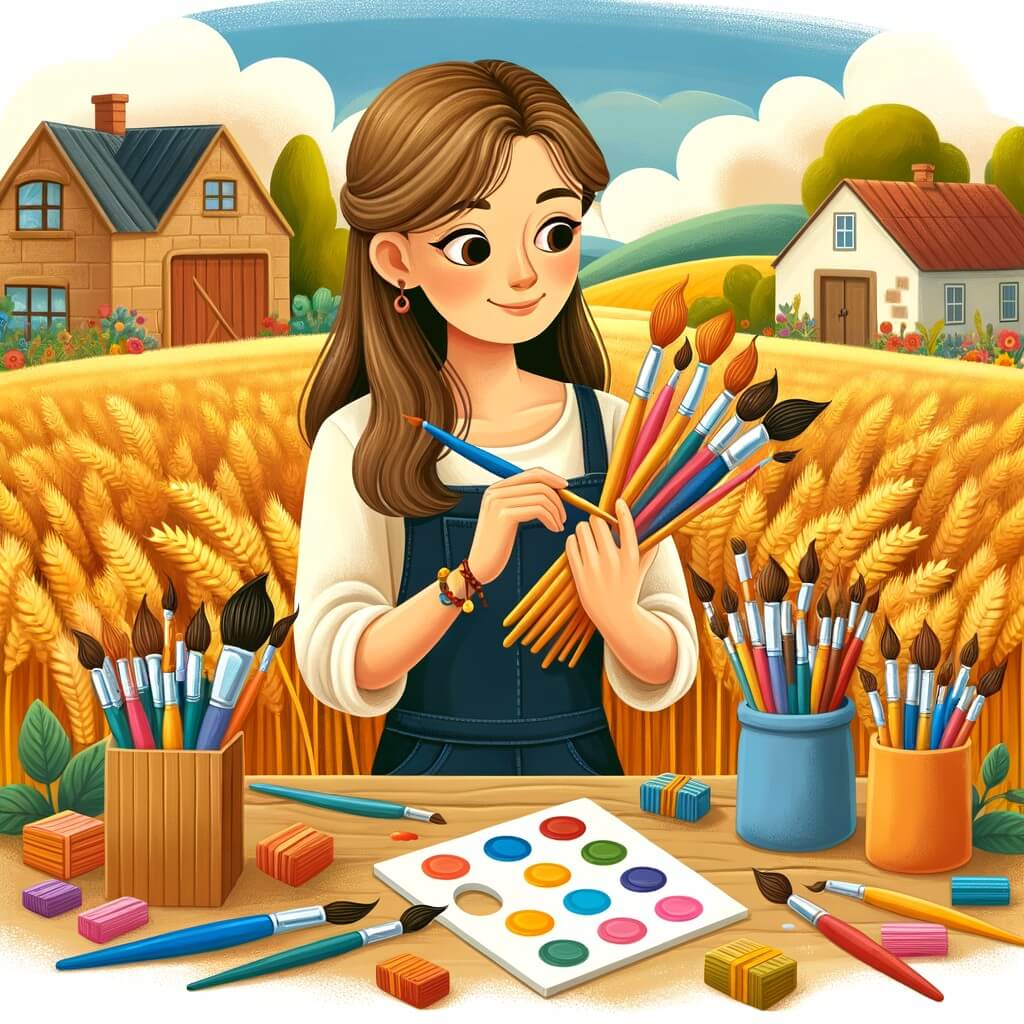 Une illustration pour enfants représentant une jeune femme passionnée de dessin et de peinture, qui découvre sa vocation lors d'une fête de village entourée de champs de blé.