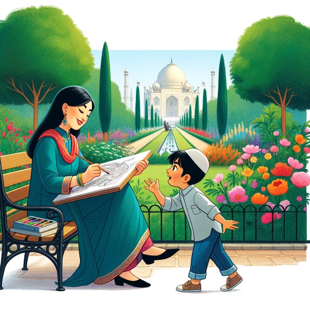 Une illustration pour enfants représentant une artiste dessinant dans un parc, qui rencontre un jeune garçon curieux et passionné par l'art.