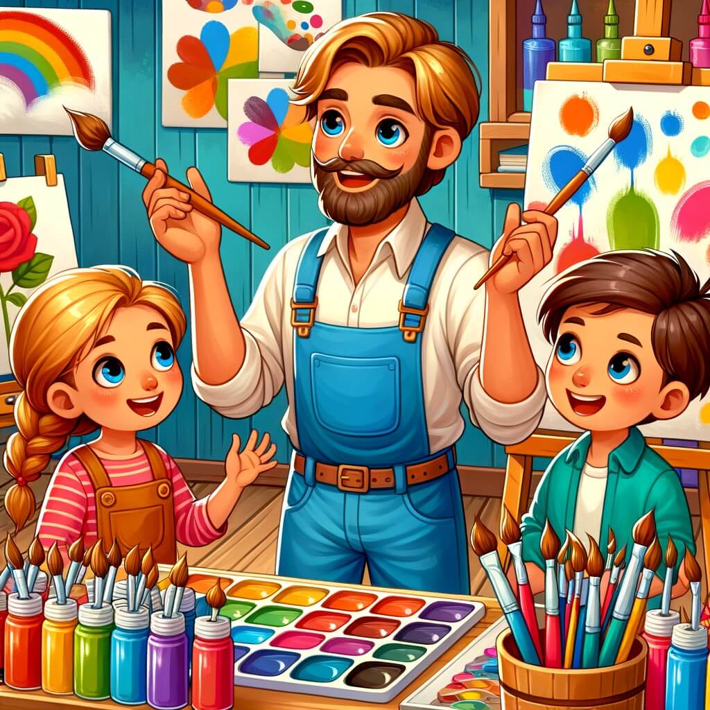 Une illustration destinée aux enfants représentant un homme passionné par l'art, qui partage son savoir avec deux enfants curieux, dans un atelier coloré rempli de pinceaux, de toiles et de peintures éclatantes.