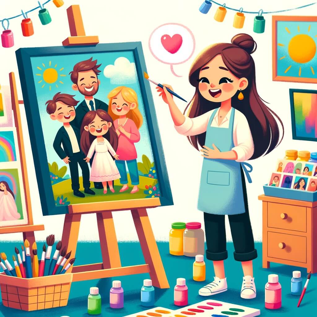 Une illustration pour enfants représentant une artiste talentueuse, sur le point de réaliser son rêve, dans un atelier d'art coloré et inspirant.