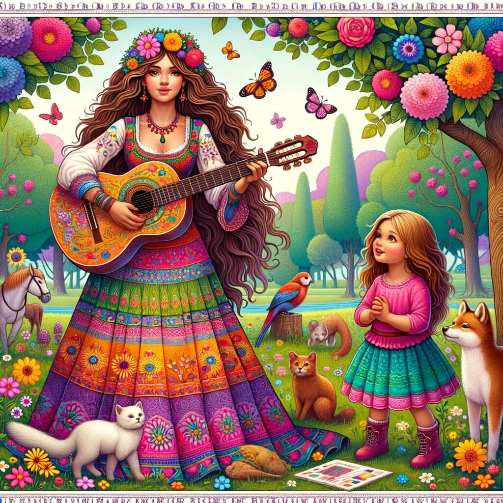 Une illustration destinée aux enfants représentant une femme artiste aux cheveux longs, vêtue d'une robe colorée, jouant de la guitare dans un parc rempli de fleurs et d'animaux, accompagnée d'une petite fille curieuse et enthousiaste.