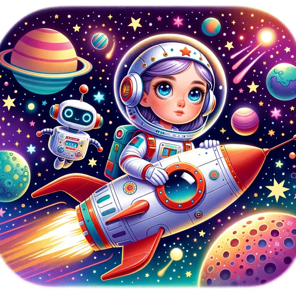 Une illustration destinée aux enfants représentant une jeune femme astronaute, pleine d'étoiles dans les yeux, s'envolant vers l'infini aux côtés de son fidèle robot compagnon, dans un vaisseau spatial coloré, entouré de planètes scintillantes et d'une voie lactée chatoyante.
